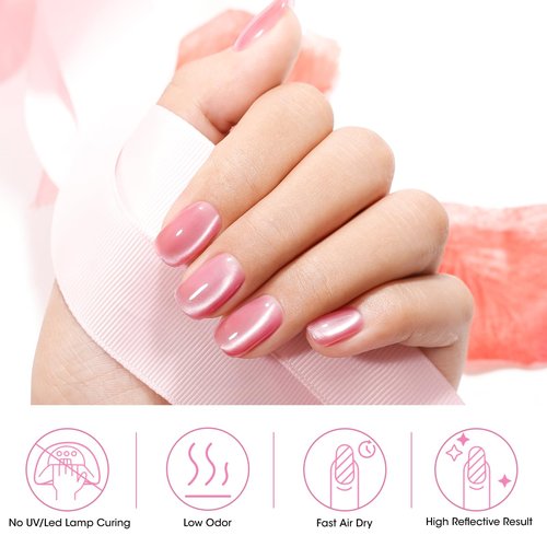 GELLEN Quick Dry Cat Eye Nail Polish, Magnetic Pink Fingernail Polish, Fast Drying Glitter Holographic Nail Polish Non Gel with Magnet Tool, DIY Salon Home, Valentine's Gift for Her