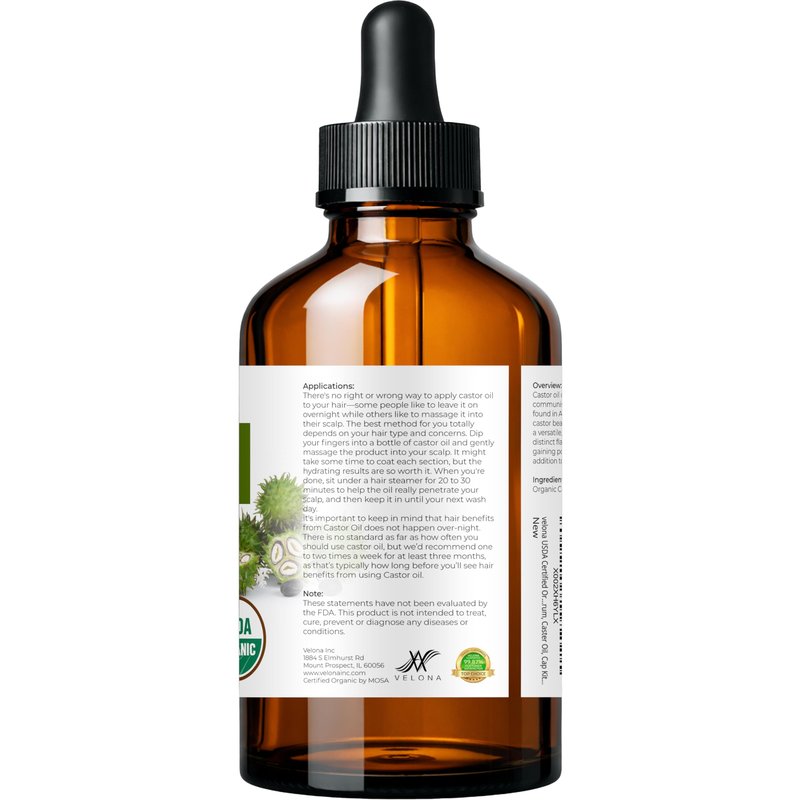 velona USDA Certified Organic Castor Oil - 4 fl oz (With Dropper) | For Hair, Boost Eyelashes, Eyebrows | Cold pressed, Natural Oil USP Grade | Hexane Free