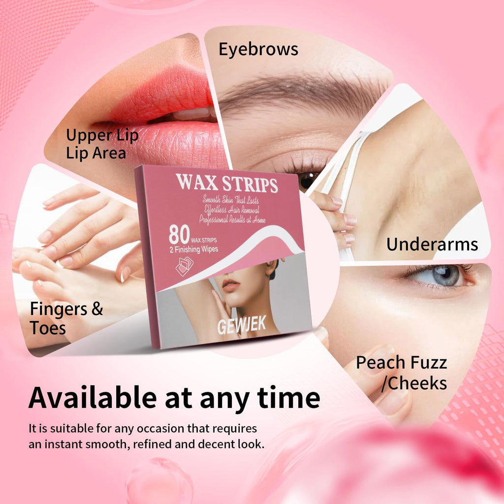 80PCS Wax Strips for Hair Removal,Waxing Kit for Women,Eyebrow Wax Strips & Facial Hair Removal,Sensitive Skin Hair Removal Friendly,Multi-Use on Face,Legs,Bikini Area,Long-Lasting Smoothness (Pink)