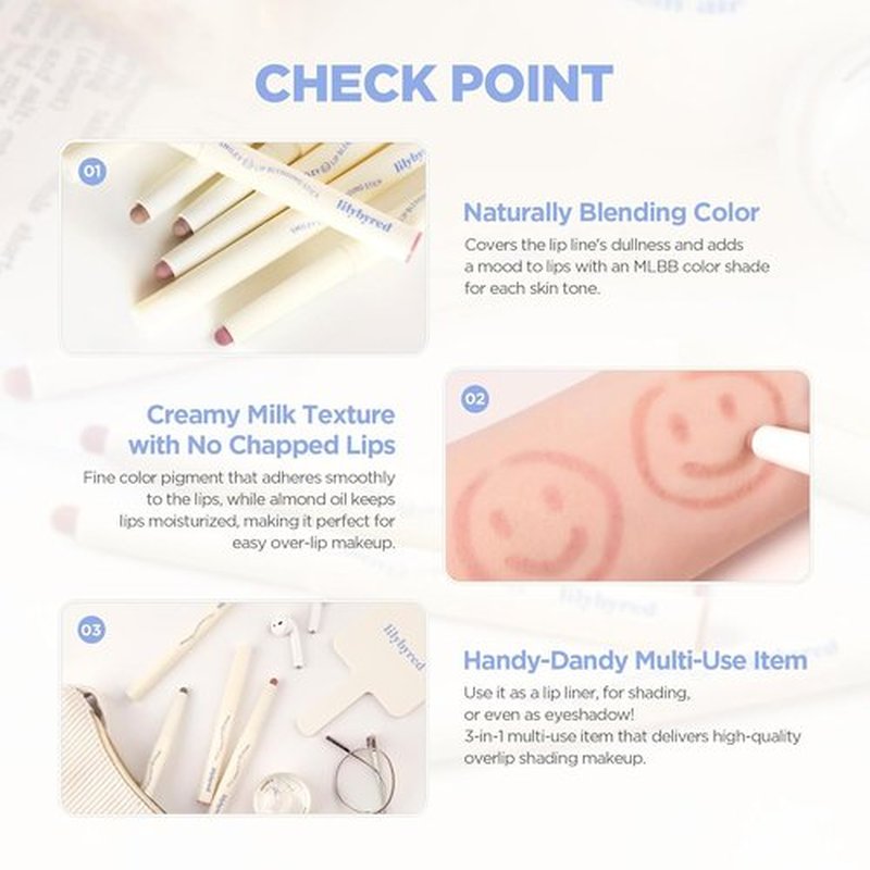 Lilybyred Smiley Lip Blending Stick - 3-in-1 Multi-Use Lip Liner with Smooth Creamy Texture | 0.028 oz (01 Grin with Me)
