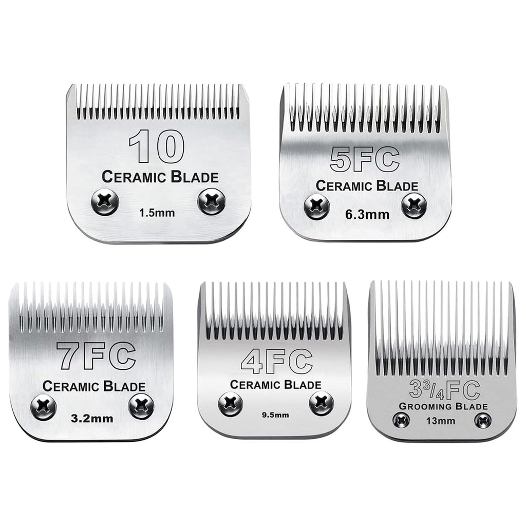 5PACK Dog Grooming Clipper Replacement Blades Compatible with Andis Pet Clipper/Oster A5/Wahl KM Series Dog Clipper with Ceramic Blade & Stainless Steel Blade (#10+5FC+7FC+3FC+4FC)