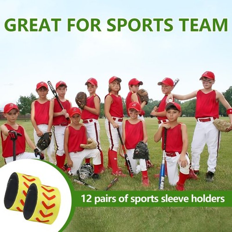 24 Pcs Softball Sleeve Holders, 5.11 Inch Fastpitch Softball Shirt Sleeve Ties, Yellow with Red Stitching Shirts Sleeves Straps Fasteners Clips Sports Activities Accessories for Kids