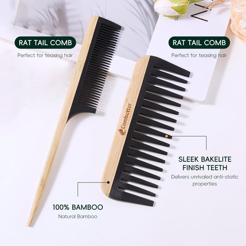 Bamboo Hair Brush and Comb Set, Massage Scalp Detangling Hairbrush for Hair Growth, Bakelite Durable Anti Static Wide-Tooth Comb & Rat Tail Comb for Women, Men, Kid