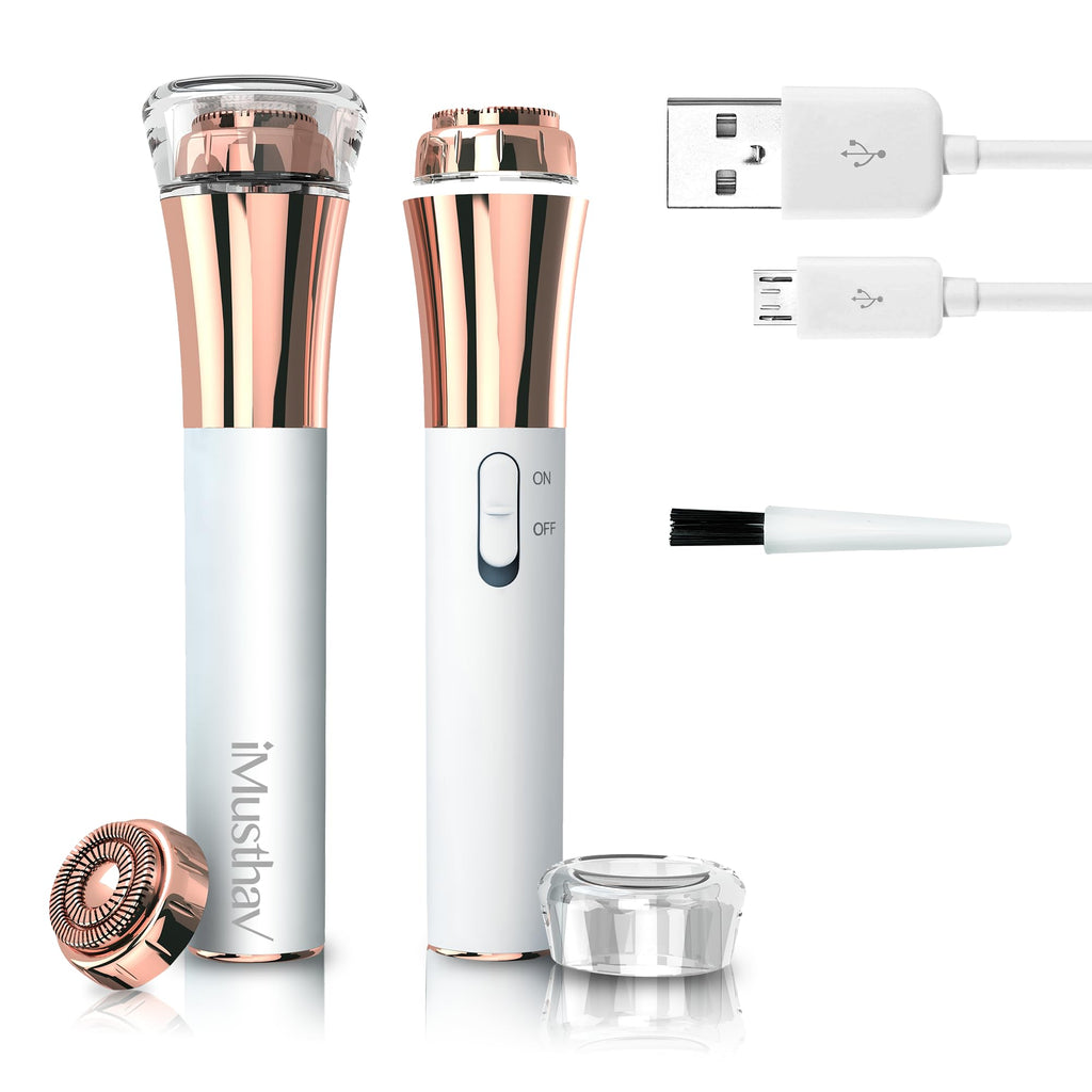 Facial Hair Removal for Women, Rechargeable 16mm Dual Ring Floating Head Blade Painless Electric Face Hair Remover, Face Shaver Razor & Trimmer for Upper Lip, Chin, 18K Gold-Plated / 360°LED Light