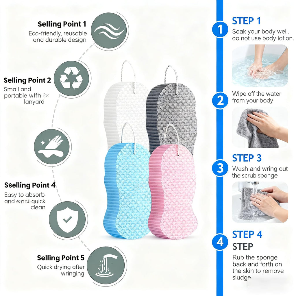Magic Exfoliating Bath Sponge, 3D Super Soft Exfoliate Body Scrubber, Reusable Handheld Shower Brush Remover Dead Skin for Adults Women Men Cleansing Skin No Silicone Net Sponge (Grey)