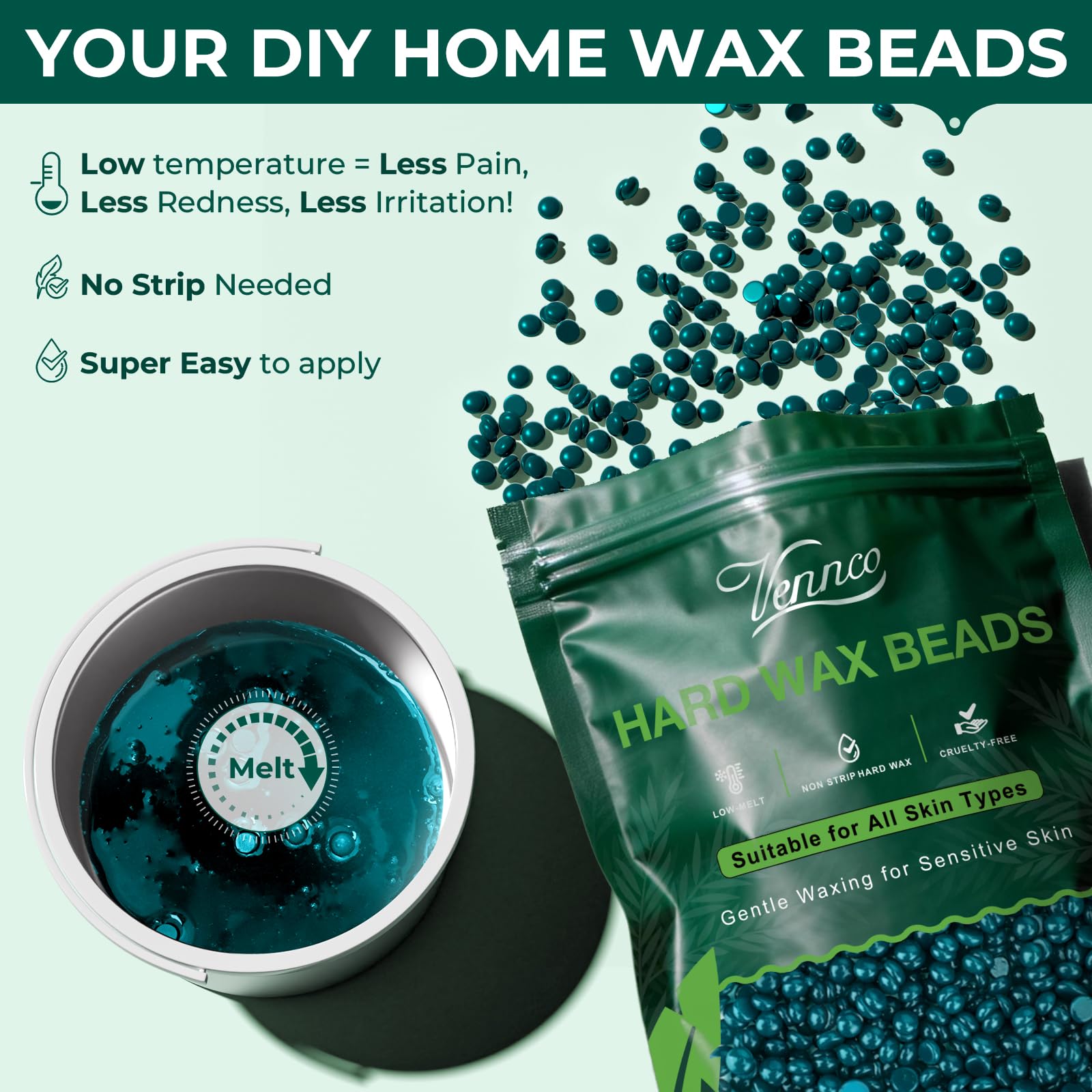 VENNCO Hard Wax Beads for Hair Removal – Stripless Hard Wax for Coarse Hair, Bikini & Brazilian Waxing, Beginner-Friendly Body Wax Beads for Home & Professional Use, 1 LB Refill Waxing Beads