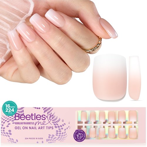 Beetles Ombre Short Square Press on Nails, 224Pcs Peach Square Ombre Press On Nails, 16 Sizes Reusable Fake Nails No Need to File Easy False Nail Tips for Nail Extension DIY Nails Gift for Women