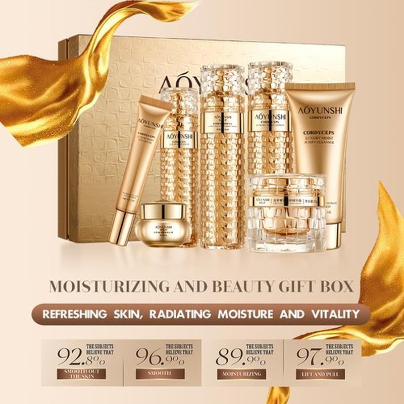 Luxurious Hydrating Skincare Gift Set with Cordyceps Extract - Includes Face Cleanser, Balm, Eye Cream, and 4-Piece Essence Set (Water, Serum, Emulsion, Cream)