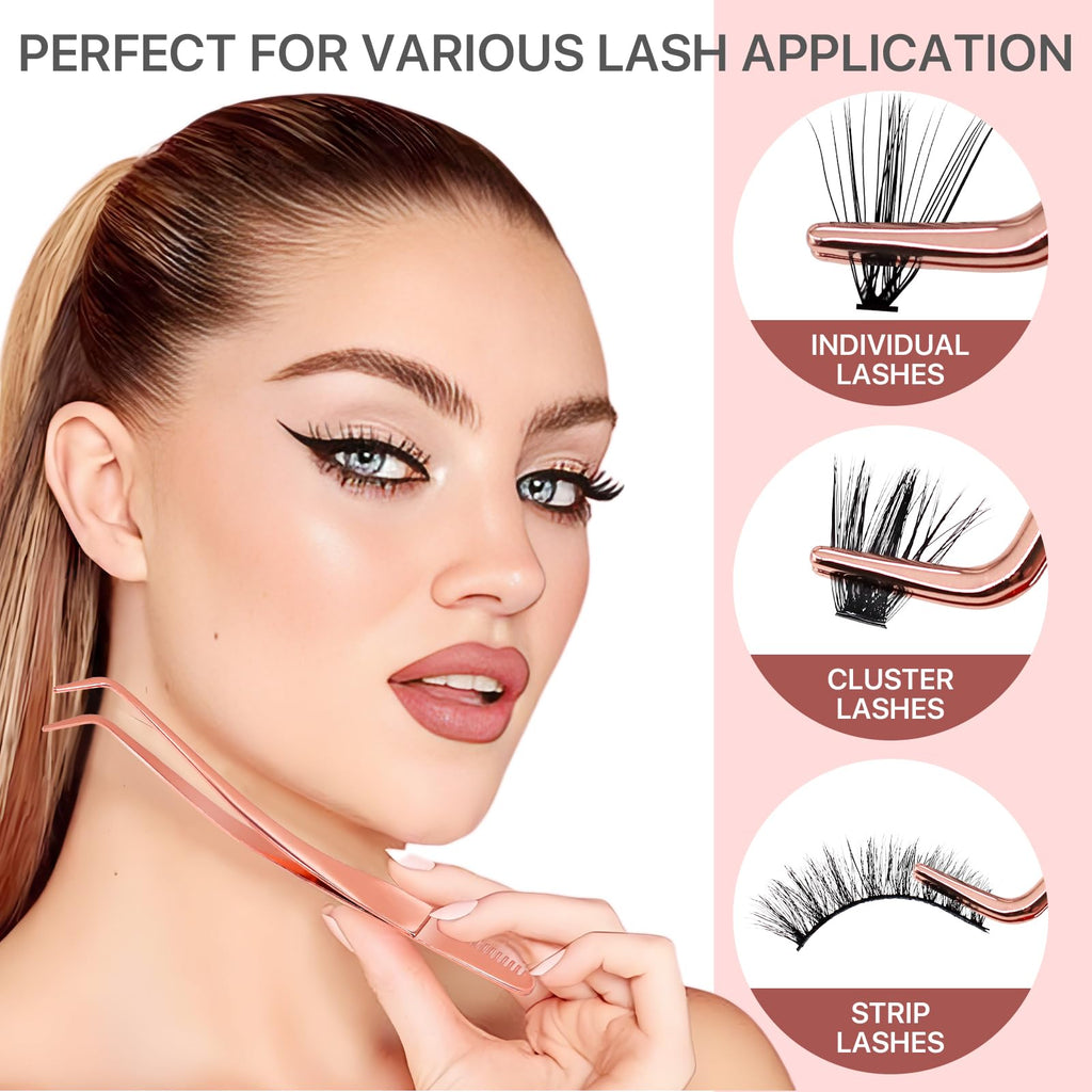 Vznffur Lash Applicator Tool with Comb, Curved Eyelash Tweezers for Precision Placement and Application, Stainless Steel Lash Tool for DIY Eyelash Extensions, Individual Clusters