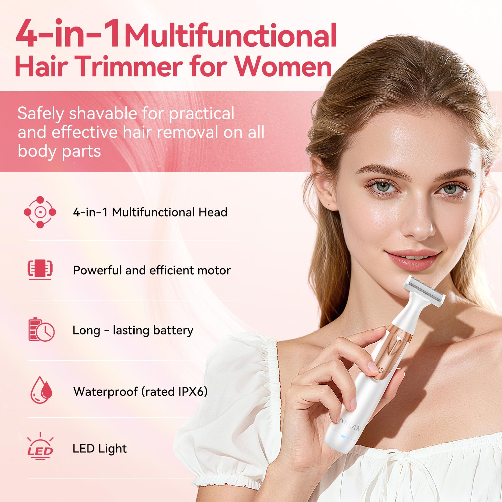 ANLAN 4-in-1 Painless Electric Razor for Women – Bikini Trimmer & Body Shaver with Ceramic Blade, Waterproof, Cordless Rechargeable for Legs, Armpit, Pubic Area, USB-C, Ideal Birthday Gift for Women