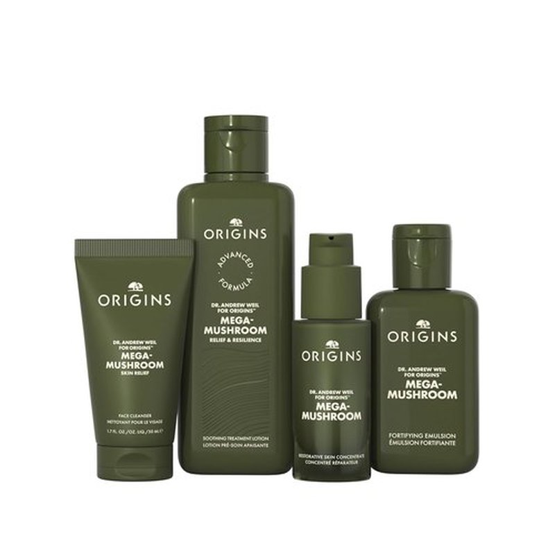 Origins 4-Piece Mega-Mushroom Skin Repair Set - Cleanser, Treatment Lotion, Moisturizer & Concentrate | Ideal for Sensitive Skin with Hyaluronic Acid & Reishi Mushroom
