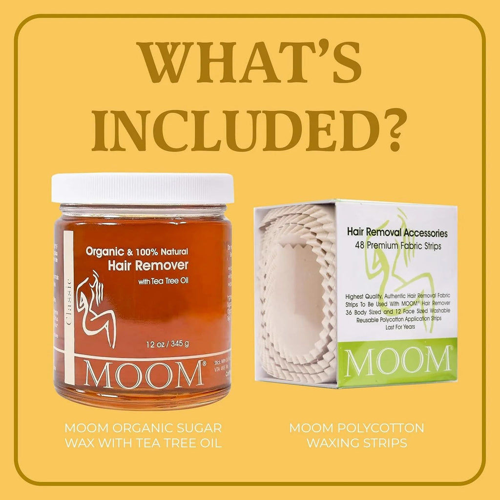 MOOM USDA Organic Sugar Wax Hair Removal Kit with 12 oz wax & 48 Strips