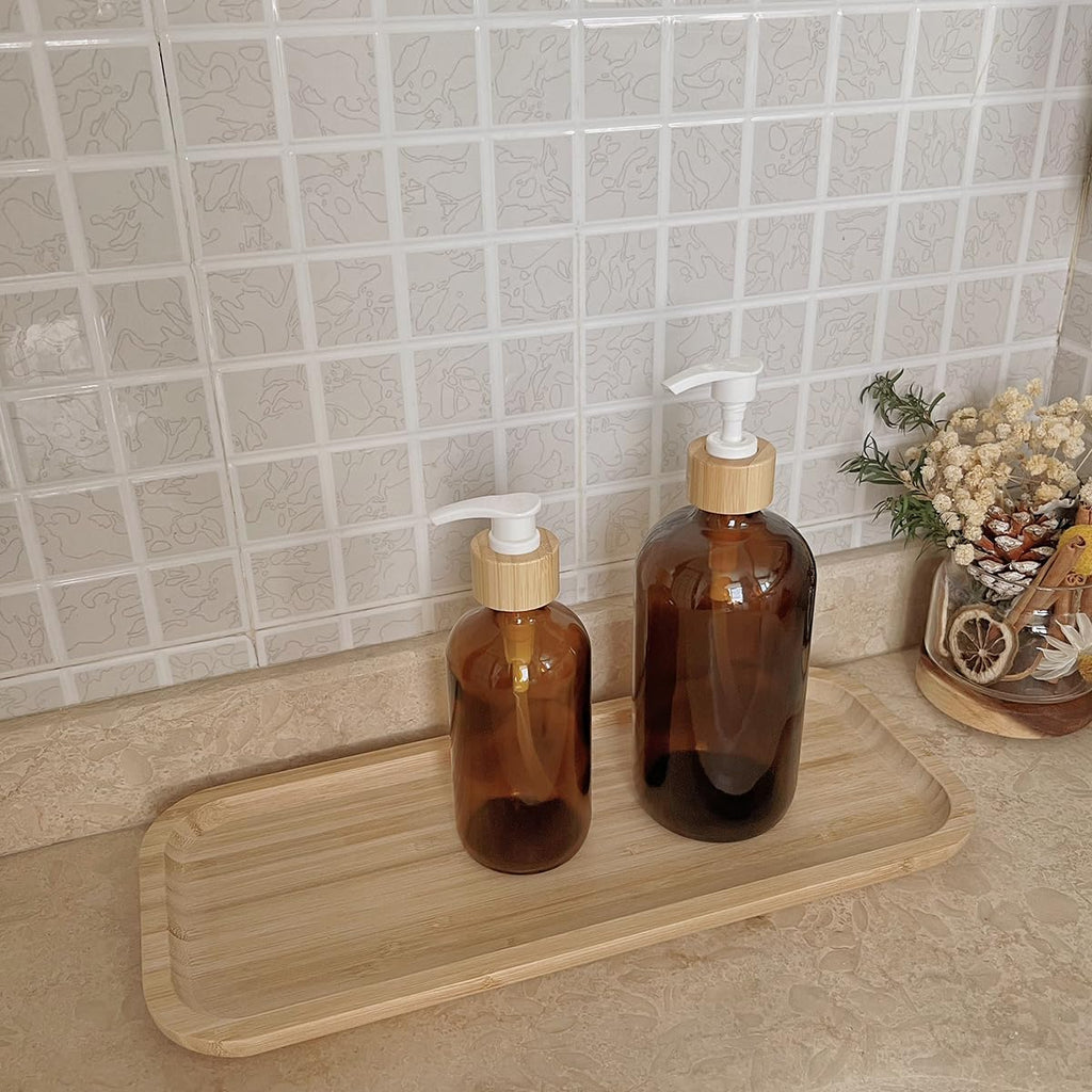 2PCS 500ML/16.6 oz Empty Refillable Brown Glass Pump Bottles Container Holder Vials Pot Storage with Bamboo Screw Pump Head for Bath Shower Shampoo Hair-Conditioner Cleanser Makeup Liquid