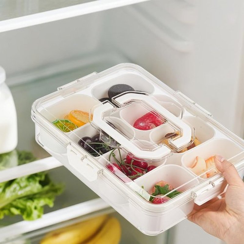 Snackle Box - 8-Compartment Portable Snack Container with Lid & Handle | Clear Serving Tray for Parties