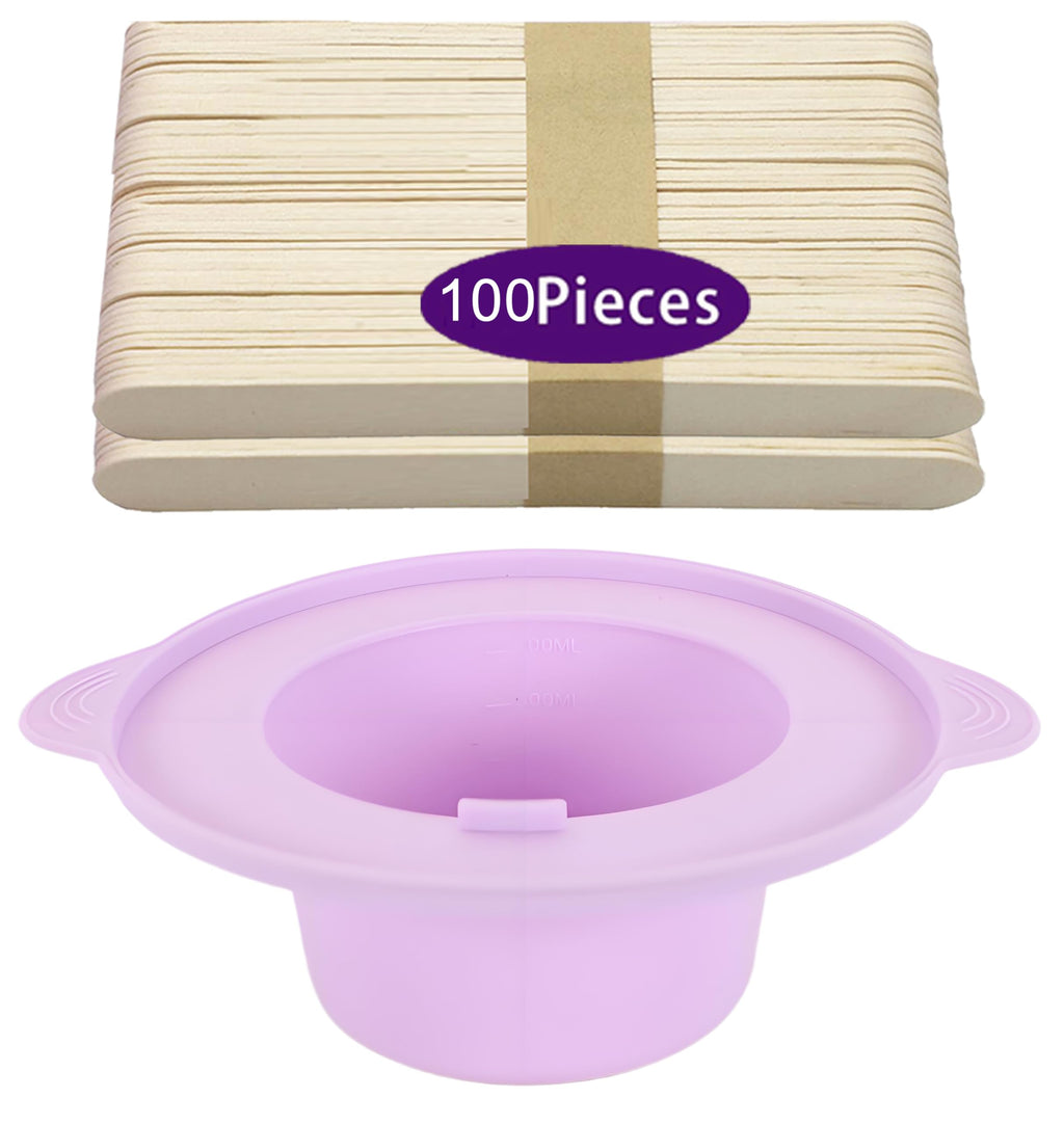 14 oz Silicone Wax Warmer Liner, Silicone Wax Bowl for Wax Warmer, Non-Stick Wax Melt Warmer Wax Pot, Reusable Wax Melt Liner with 100 Pcs Waxing Sticks Body Hair Removal Sticks (2pcs Purple)