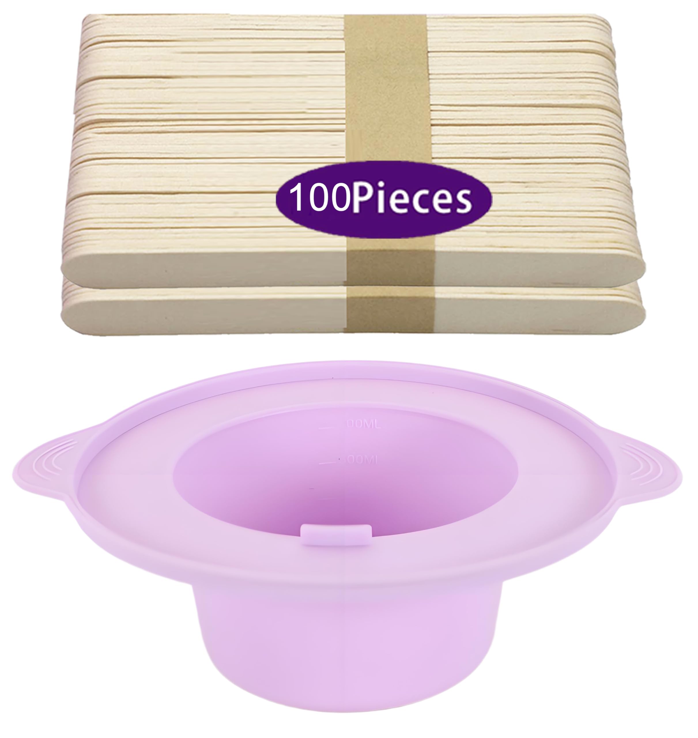 14 oz Silicone Wax Warmer Liner, Silicone Wax Bowl for Wax Warmer, Non-Stick Wax Melt Warmer Wax Pot, Reusable Wax Melt Liner with 100 Pcs Waxing Sticks Body Hair Removal Sticks (2pcs Purple)