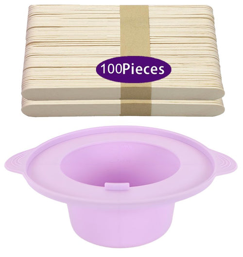 14 oz Silicone Wax Warmer Liner, Silicone Wax Bowl for Wax Warmer, Non-Stick Wax Melt Warmer Wax Pot, Reusable Wax Melt Liner with 100 Pcs Waxing Sticks Body Hair Removal Sticks (2pcs Purple)