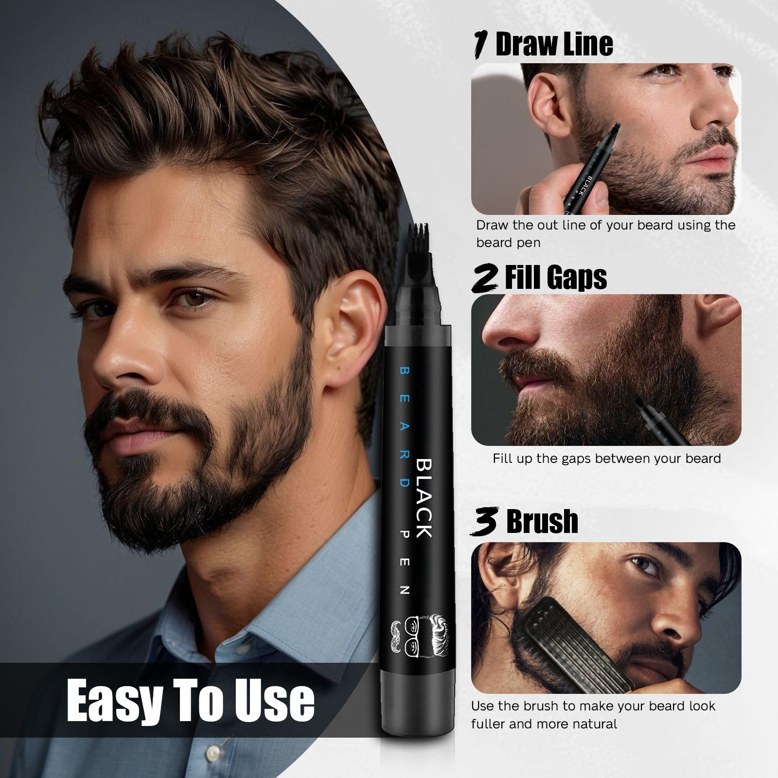Beard Pencil Filler for Men Black - Beard Pen with Brush, Barber Pencil Smudge-proof & Water-proof Mens Grooming Kits Creating Natural Beard Color, Gifts for Men (Black)