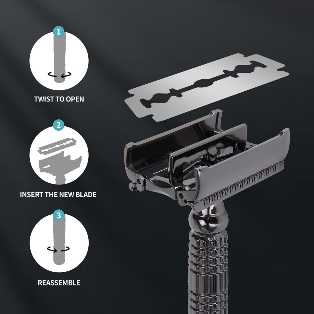 Gearhub Butterfly Double Edge Safety Razor Reusable Stainless Metal Wet Shaving Razor with 10 Swedish Platinum Blades for Men Women Barber Bikini Armpit Hair, Matte Black GR179