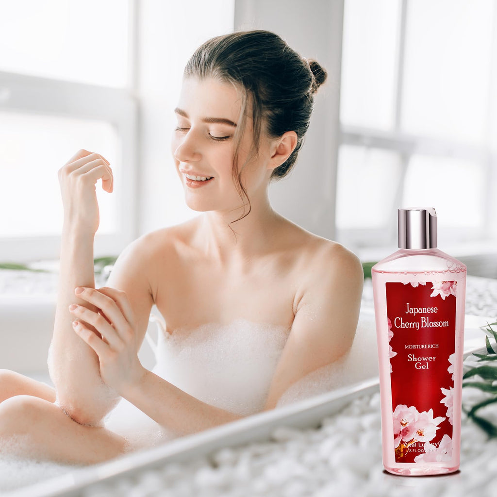 Vital Luxury Japanese Cherry Blossom Bath and Body Set Shower Gel and Body Cream - Nourishing and Moisturizing Daily Skincare - 8 fl.oz / 236mL Each, Birthday Anniversary Wedding Gifts for Her and Him