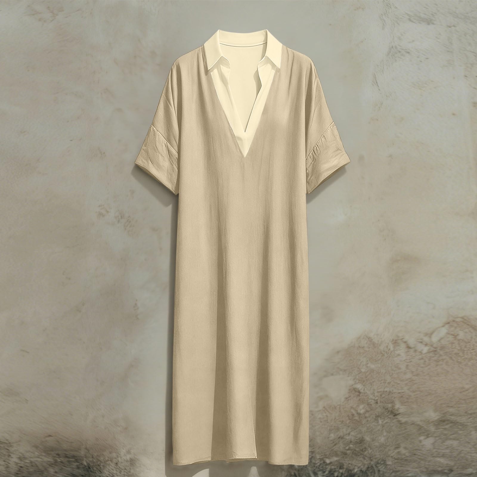 Linen Dress Women Casual Short Sleeve Fashion Beach Dresses V-Neck Lightweight Split Flowy Sundresses