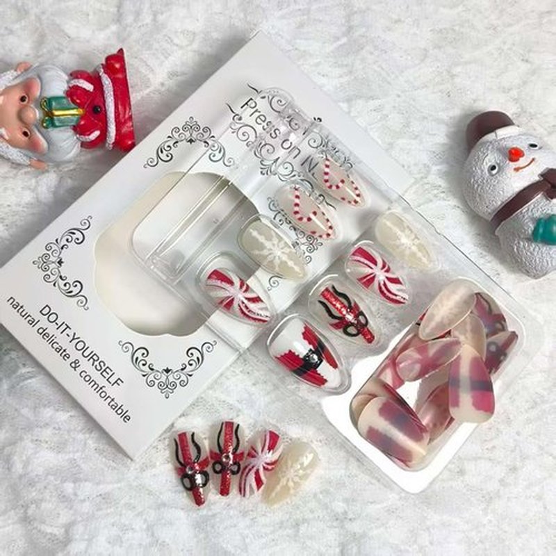 30Pcs Christmas Press on Nails Medium Almond Fake Nails Red white Striped Snowflakes Glue on Nail Gem Rhinestones Design Reusable Winter False Nails Full Cover Artificial Acrylic Nail for Women