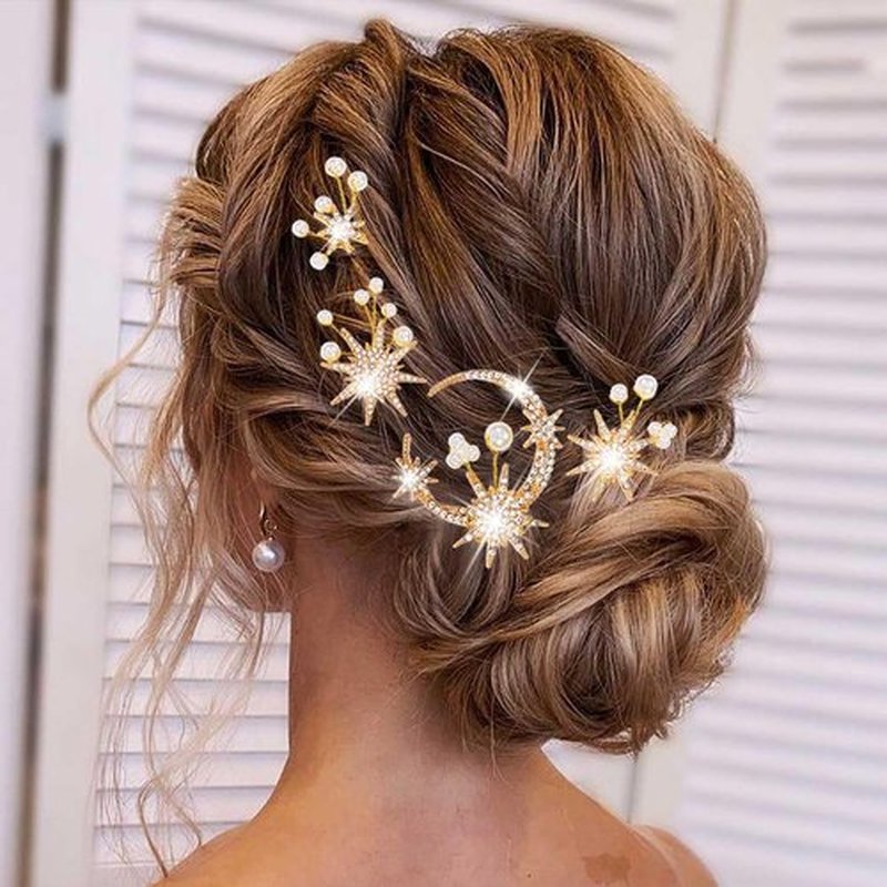 BARTOSI Moon Star Wedding Hair Clips Gold Rhinestone Hair Pins Bridal Hair Pieces Goddess Hair Accessories for Women and Girls (Pack of 4)
