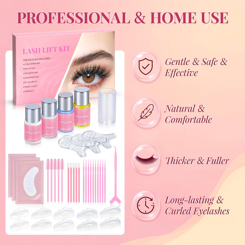 Lash Lift Kit, Eyelash Perm Kit with Glue Balm, Perm, Fixation, Nutrition, Silicone Pads for Lash Curling, Professional Lash Perm Set for Natural Long-Lasting Curl, Home Eyelash Lifting Kit for Women