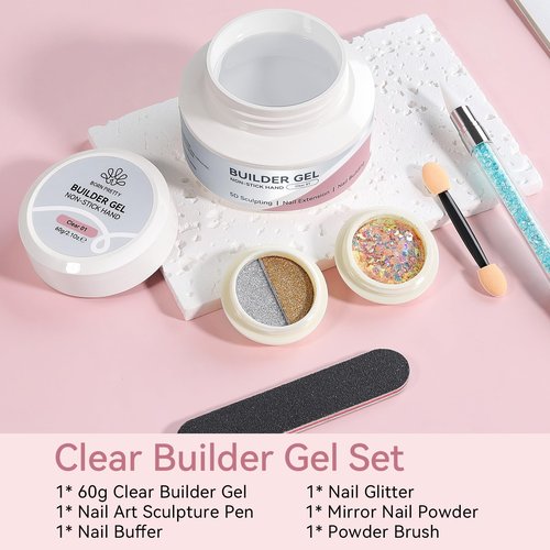 BORN PRETTY Solid Hard Builder Gel for Nails, 60g Large Capacity Professional 3D Sculpting & Extension Gel with Sequins & Chrome Powder, Non-Sticky Soak Off Formula for Home and Salon Nail Art