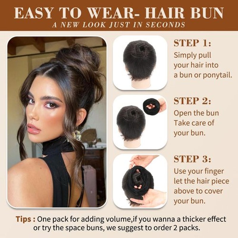 2Pcs Messy Bun Hair Piece 100% Real Human Hair Bun Scrunchies Natural Tousled Stretchy Fluffy Donut Updo Ponytail Extensions with Elastic Rubber Band Fake Bun Hair for Women,Dark Brown