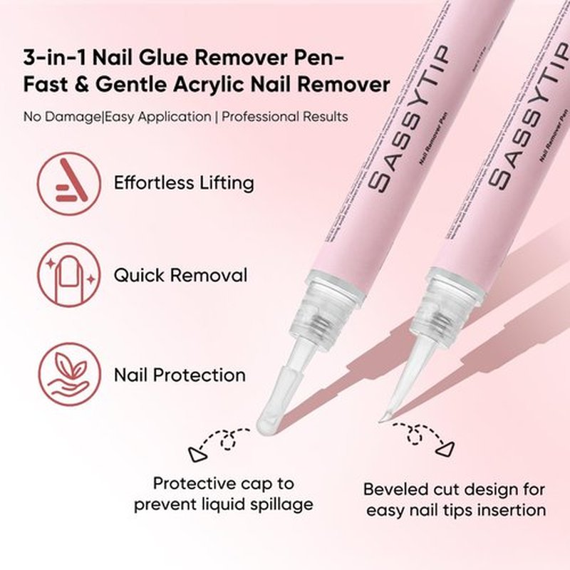 SASSYTIP Nail Glue Remover Pen for Press On Nails, Click & Remove Design, Acetone-Free Gentle Formula for Fake Nails & Nail Glue, 0.11 fl.oz. (2 PCS)