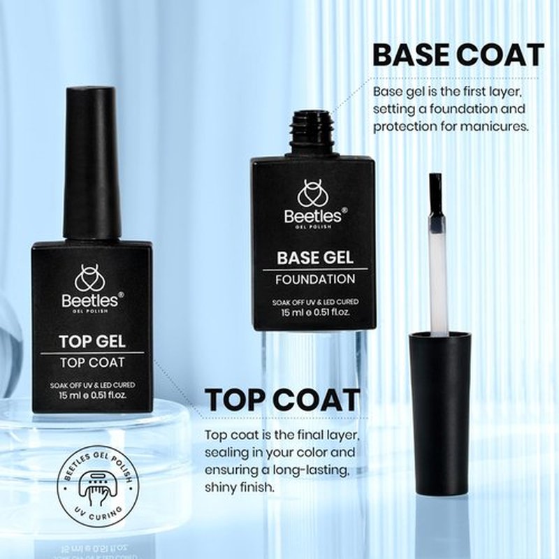 Beetles 4Pcs Top Coat and Base Coat Gel with Nail Dehydrator and Primer Set Acid-Free Hema-Free Nail Bond for Gel Polish Acrylic Nails, Long-Lasting for Professional Manicure Prep Kit