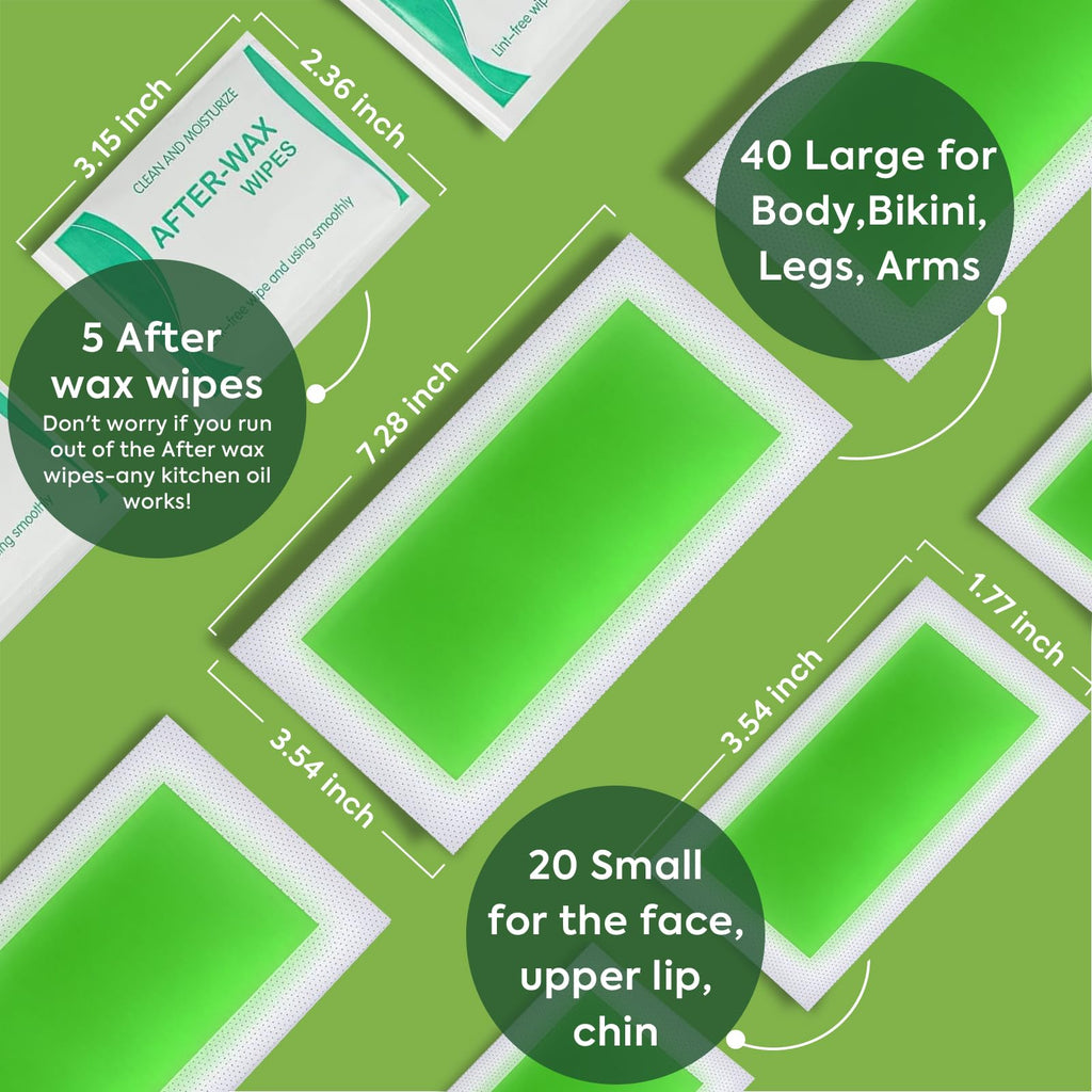 Evervines Facial & Body Wax Strips Kit – 60 PCS (40 Body & 20 Facial) for Hair Removal with 5 Oil Wipes – Removes Lip, Chin, Eyebrows, Bikini, Legs, Arms for Women & Men at Home & Travel (1 pack)