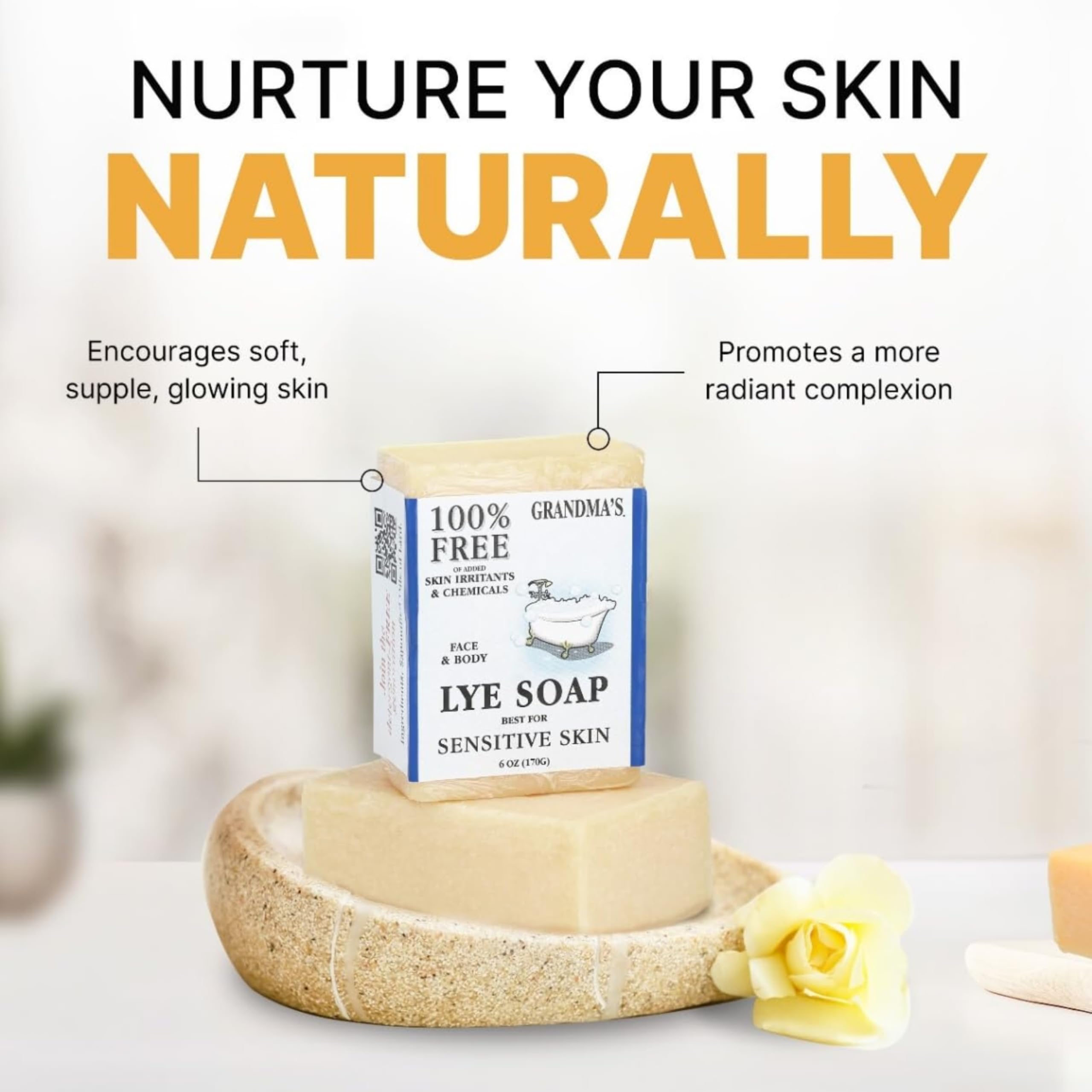 Grandma's Pure and Natural Lye Soap Bar Unscented Face and Body Wash Cleans, Cruelty Free, No Detergents or Additives, Natural Relief, 6 Ounce (Pack of 1)
