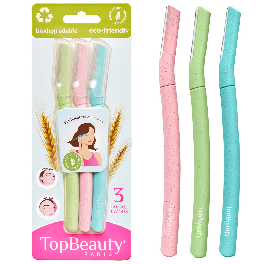 Topbeauty Paris Women Facial Eco Razors - 3 pcs per pack - Wheat Straw Eyebrow Razors - Multipurpose Facial Body Hair Peach Fuzz Removal Trimmer Shaver - Dermaplaning Tool - Protective Safety Cover
