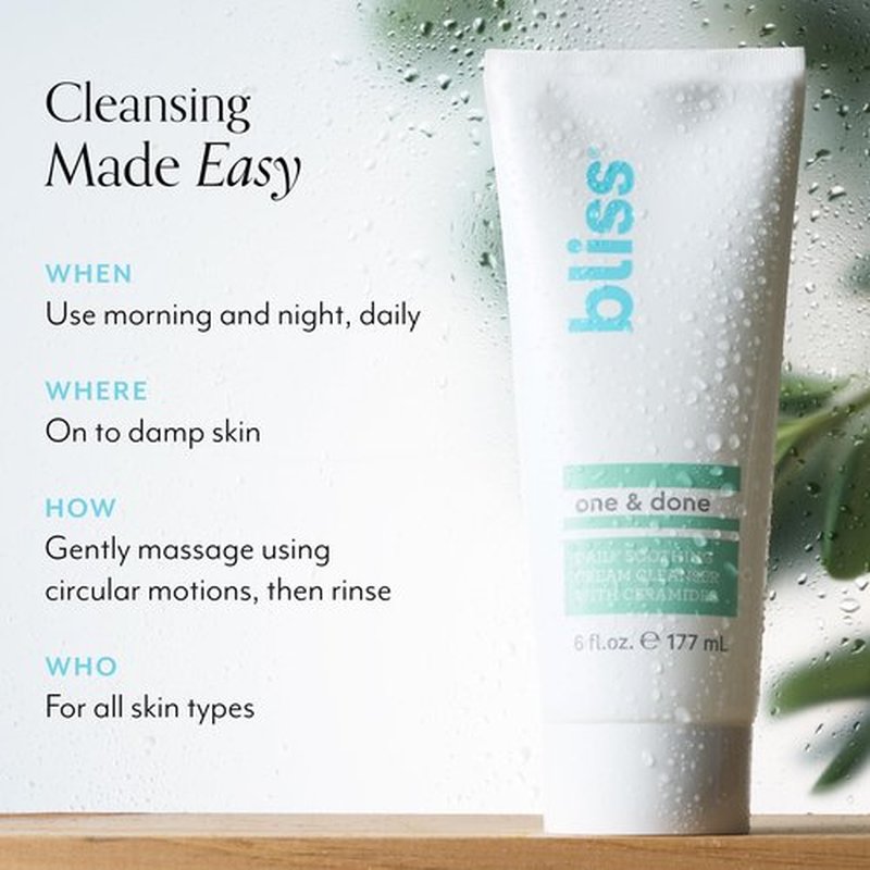 Bliss One & Done Daily Cream Facial Cleanser With Ceramides - Moisturizing Face Wash For Dry Skin - Cleanses & Removes Makeup in 1 Step- Clean, Vegan, Cruelty-Free, 6 Fl Oz