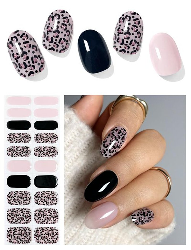 AutyaMee Semi Cured Gel Nail Strips (Pink Leopard), Purple, 20 Pcs Gel Nail Wraps, Stickers, Salon Quality, Long Lasting, Works with Any UV Lamps