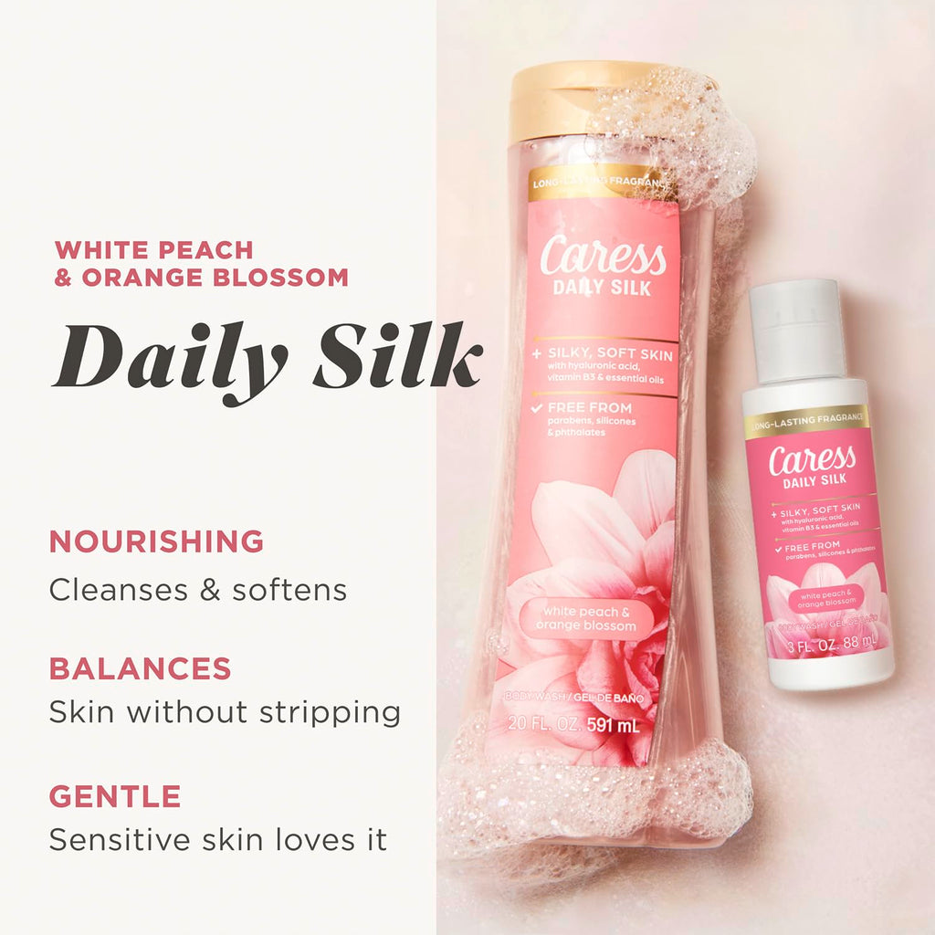 Caress Body Wash, Daily Silk Full-Size + Travel-Size – Bath & Shower Essentials for Soft, Silky Skin, Iconic White Peach & Orange Blossom Scent