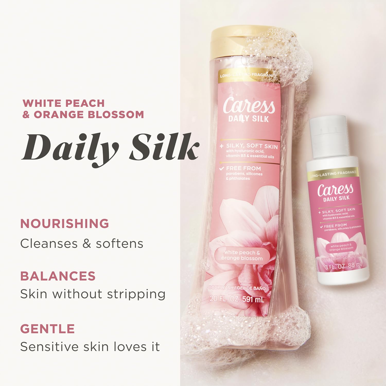 Caress Body Wash, Daily Silk Full-Size + Travel-Size – Bath & Shower Essentials for Soft, Silky Skin, Iconic White Peach & Orange Blossom Scent