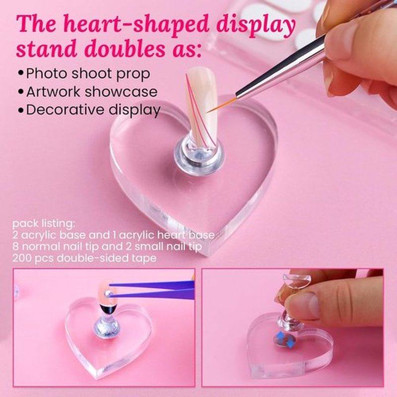 ESUOHYM Wooden Stand for Nails Art Display Practice 2 Set, 1 Heart Shaped Acrylic Magnetic Nail Stand, Fake Nail Holder with 200 Pieces Double-sided Tape, For Home DIY Salon Supplies (Wood, Large)