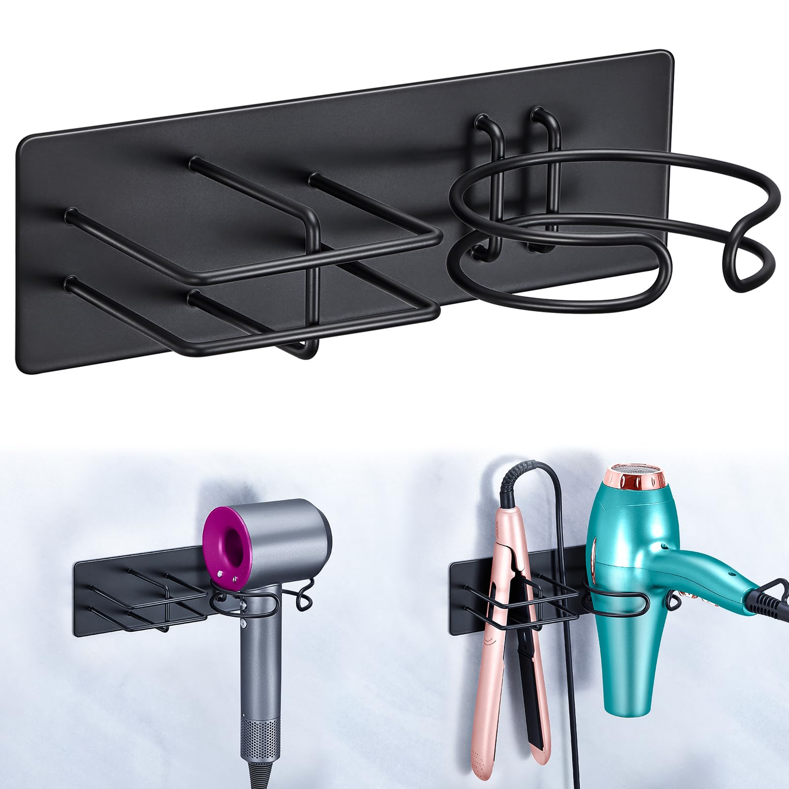 XILIMEN Hair Dryer and Straightener Holder Wall Mounted, Self Adhesive Blow Dryer and Flat Iron Storage Hair Tool Organizer for Bathroom Vanity (Black)