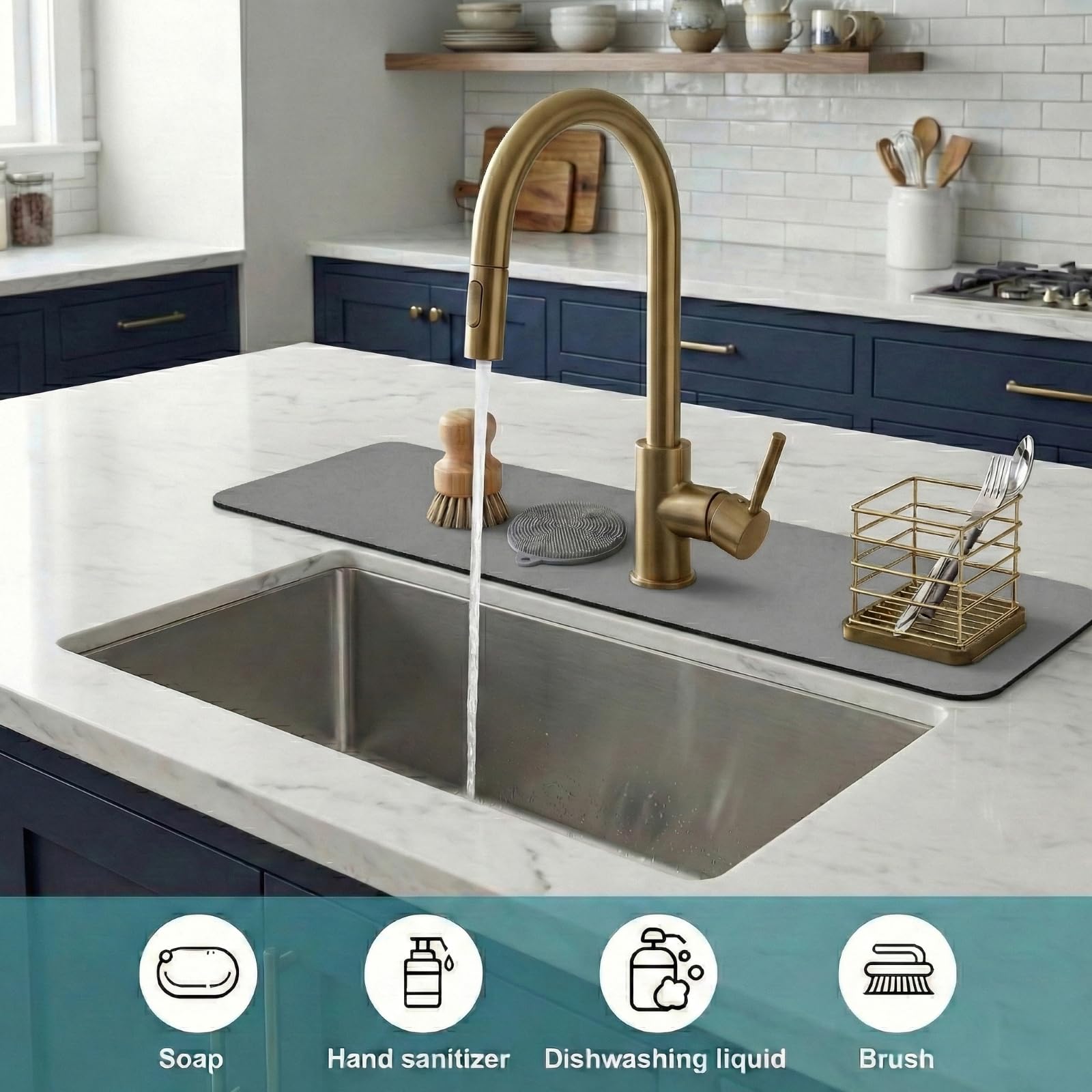 Customizable Faucet Mat for Kitchen Sink: 24" L x 4" W Grey Bathroom Counter Protector - Cuttable to Fit 2, 3 Hole & Oval Rectangle Square Faucet - Splash Guard for Irregular Sink with Soap Dispenser