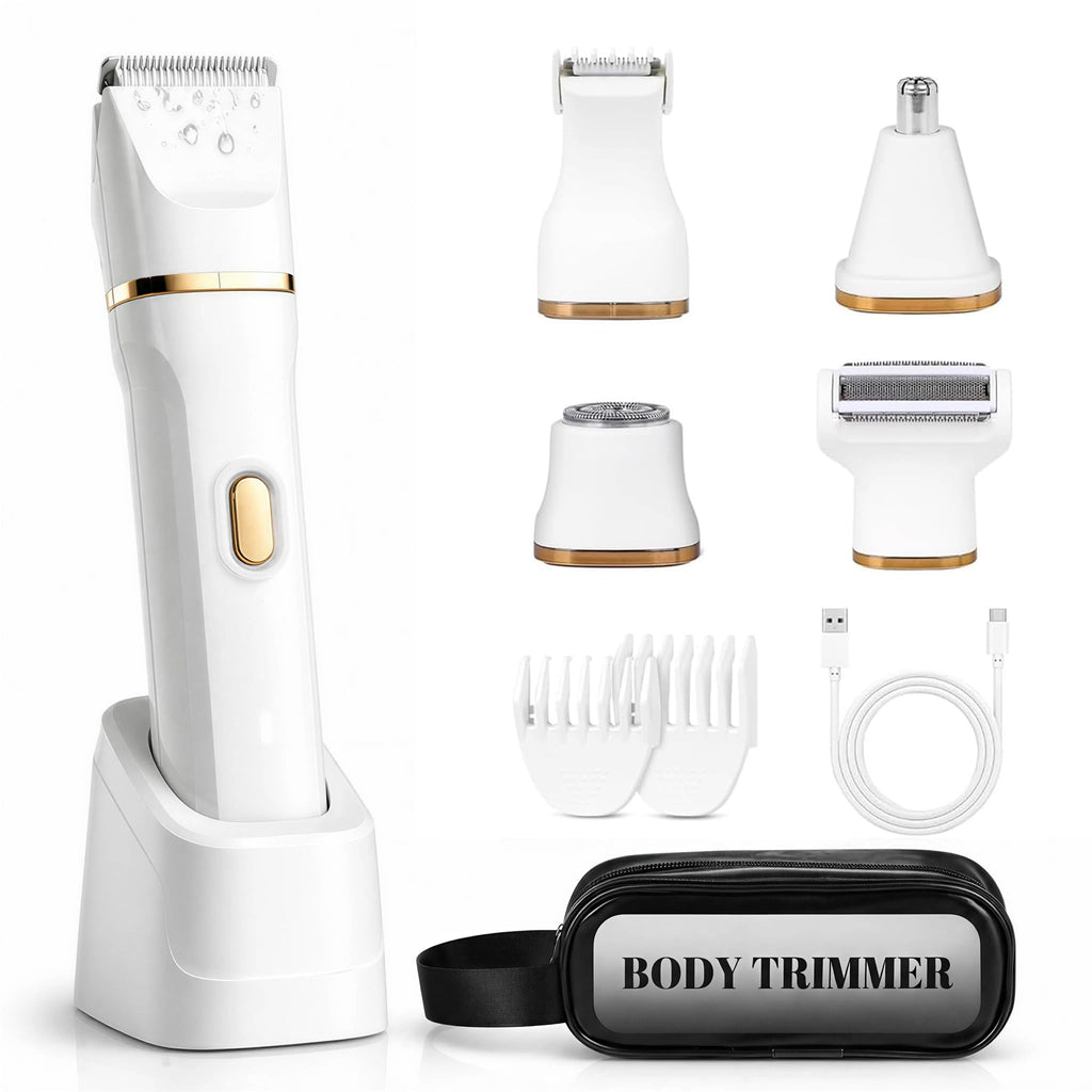 Bikini Trimmer for Women, 5-in-1 Waterproof Electric Razors for Women, Painless Pubic Hair Trimmer, Rechargeable Electric Shaver, Bikini Razor with Travel Case, Body Shaver & Face Nose Trimmer, Black