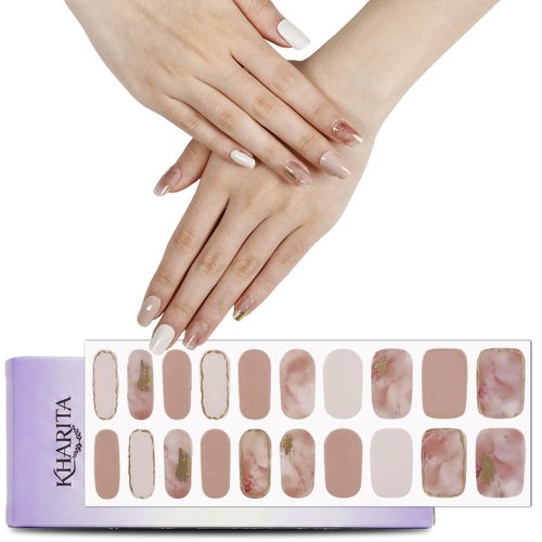 KHARITA Semi Cured Gel Nail Strips – Real Gel Nail Polish Wraps for Brittle Nails | Waterproof Long Lasting Easy Peel-Off Removal | Hema-Free | 20-Piece Salon Kit with File & Stick