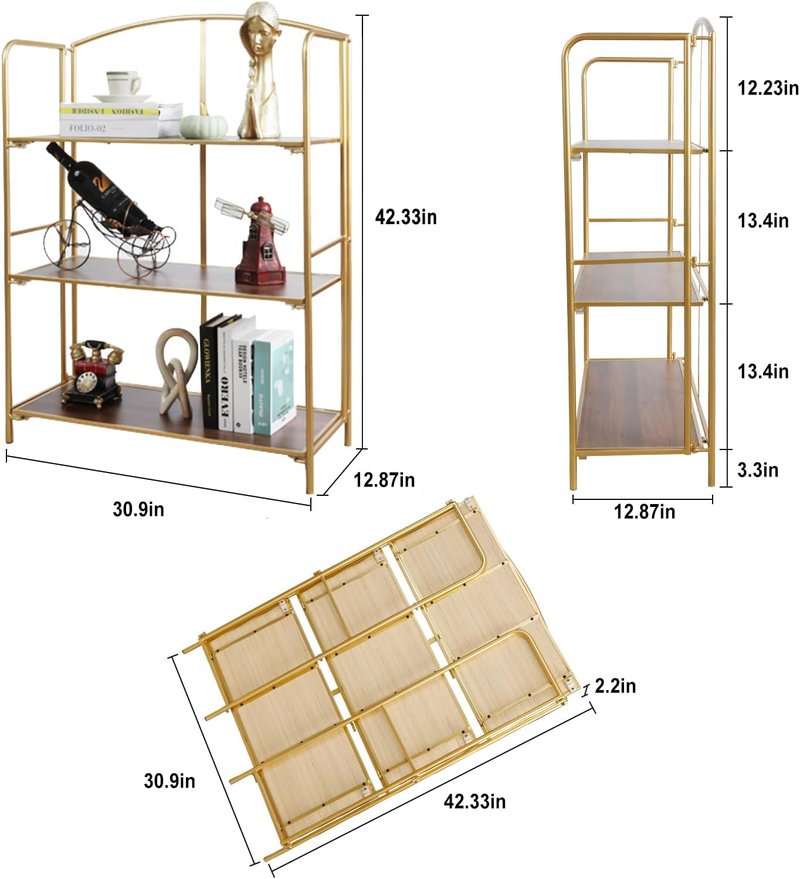 Crofy Folding Bookshelf - 3-Tier Gold Collapsible Bookcase for Living Room & Home Office Storage