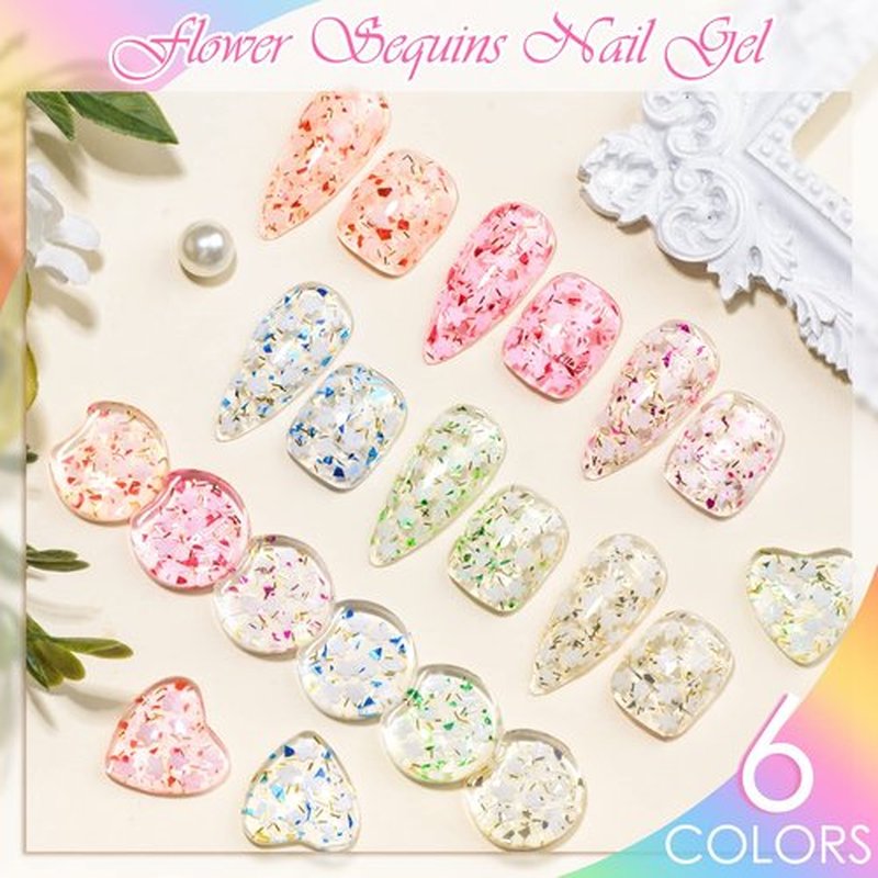 Flower Glitter Gel Nail Polish Set - 6 Pcs Diamond Sequins Style Gold Blue Green Clear Pink Jelly Gel Nail Polish Set with Flower, Crystal Transparent Gel Polish Nail Art Manicure Kit