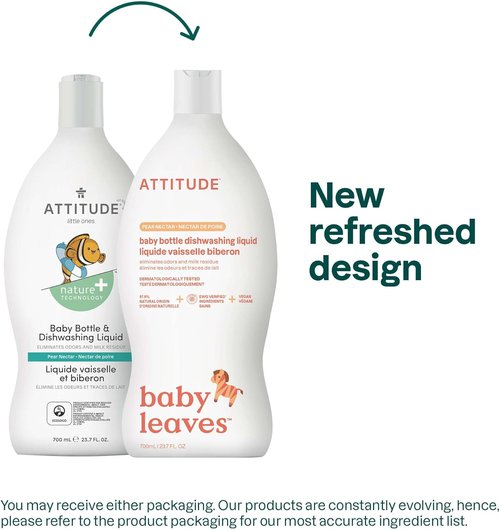 ATTITUDE Baby Bottle & Dish Soap - EWG Verified, Dye-Free Cleaner for Milk Residue & Grease, Vegan, Pear Nectar, 23.7 Fl Oz