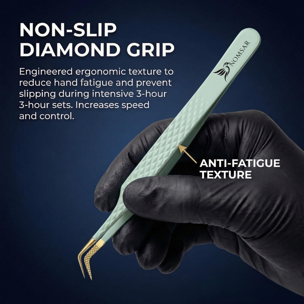 NOMSAR Lash Extension Tweezers Set – Fiber Tip lash Tweezers with Diamond Grip | Stainless Steel Eyelash Extension Tweezers for Volume & Isolation | Lash Tweezers for Lash Artists (Lightgreen)