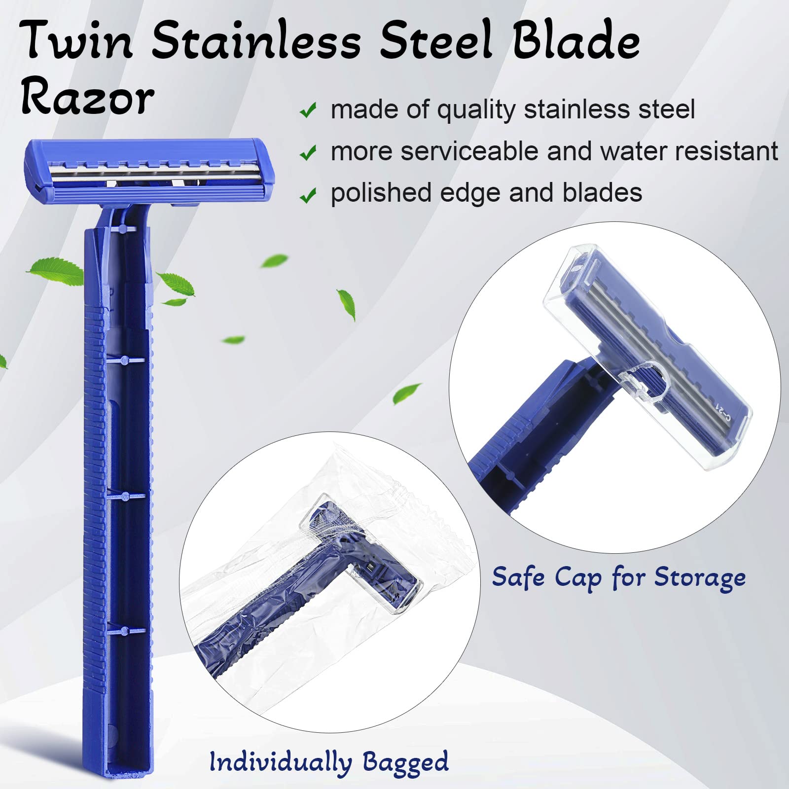 Chumia 500 Pcs Disposable Twin Blade Razor Shaving Safety Razor for Men Individually Wrapped with Clear Safety Cap Bulk Packed Portable for Hotel Guest House Travel Home Use(Blue)