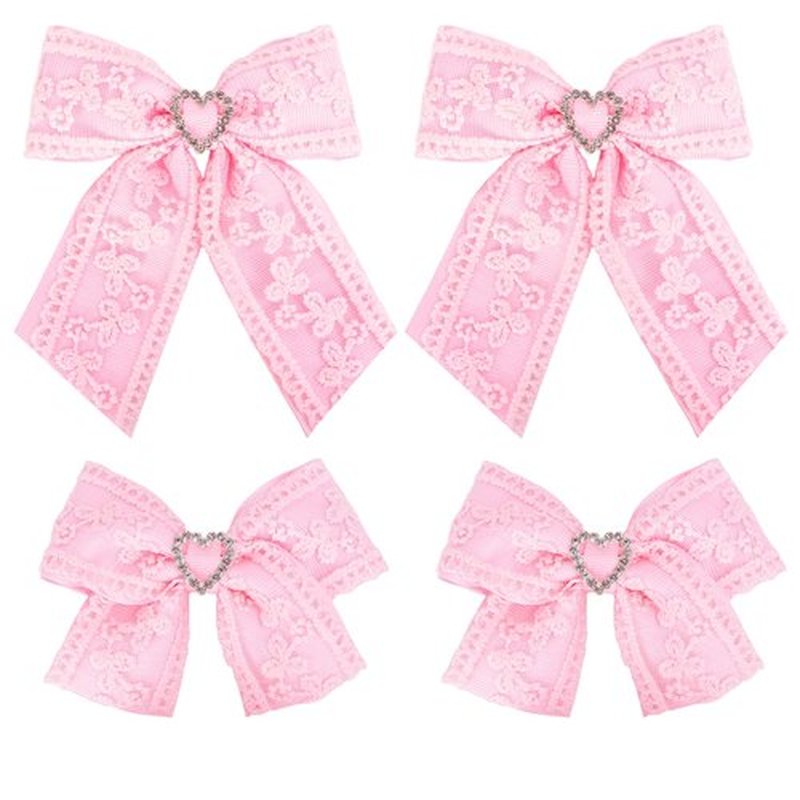 4 Pack Girls Hair Bow Clips - 2 Layer Lace & Grosgrain Hair Bows with Rhinestones | 3.5 Inch Non-Slip Alligator Clips Barrettes Hair Accessories for Braids, Pigtails, Weddings & Birthdays - Pink